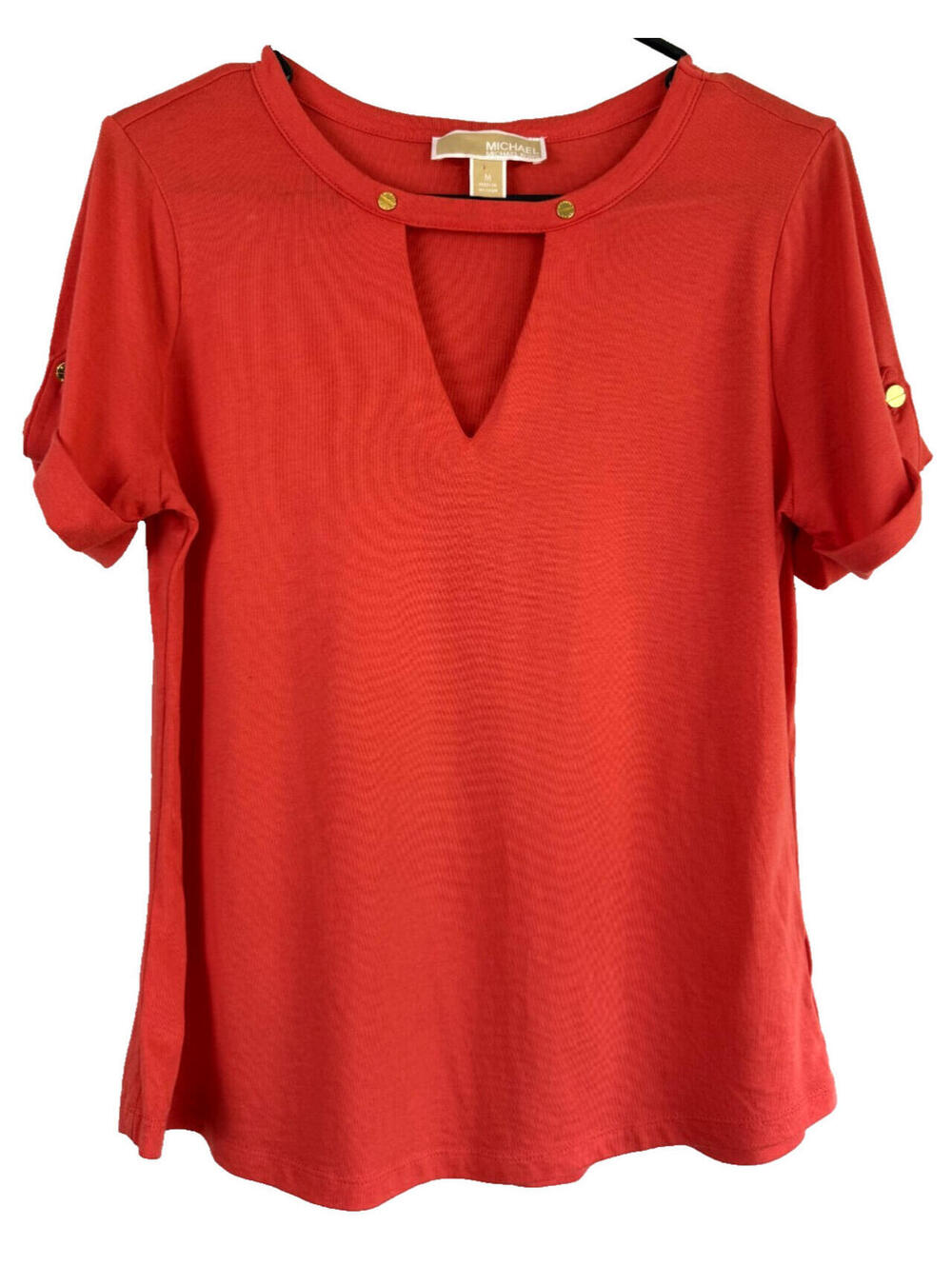 Michael Kors Womens Size M Orange Short Sleeve Gold Detailed Blouse Lightweight